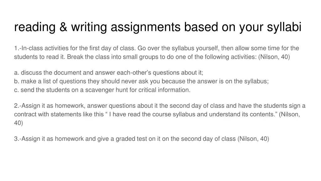 reading writing assignments based on your syllabi