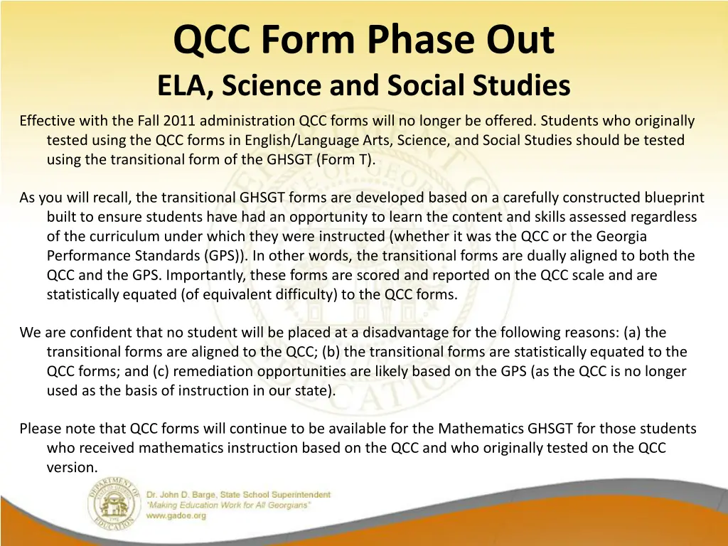 qcc form phase out ela science and social studies