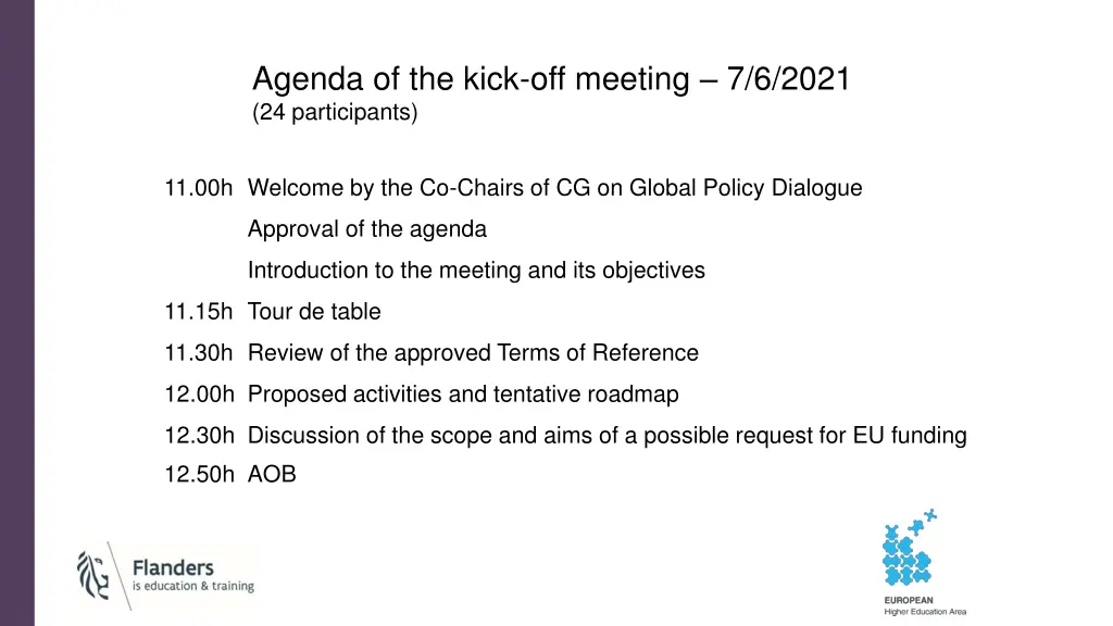 agenda of the kick off meeting 7 6 2021