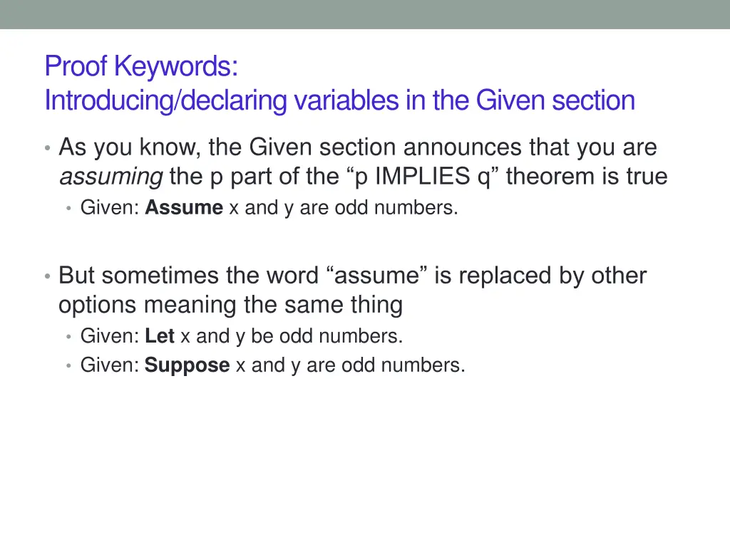 proof keywords introducing declaring variables