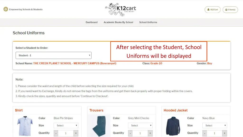 after selecting the student school uniforms will