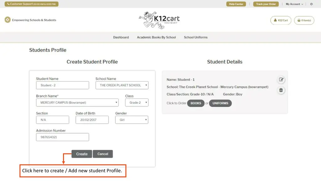 click here to create add new student profile