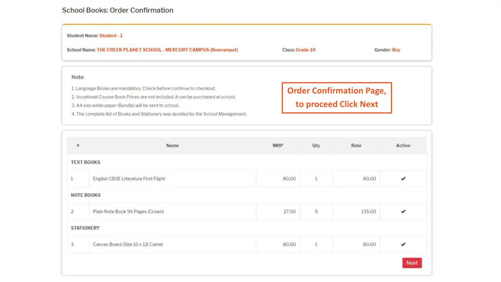 order confirmation page to proceed click next