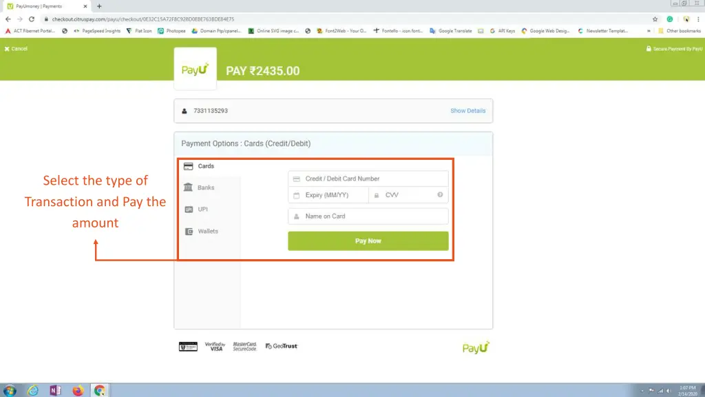 select the type of transaction and pay the amount 1