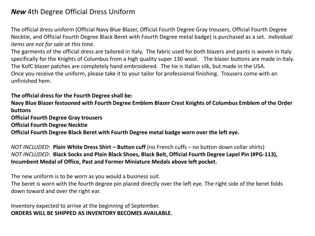 new 4th degree official dress uniform