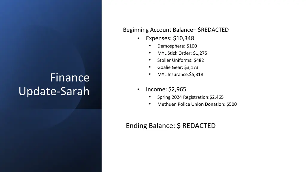 beginning account balance redacted expenses