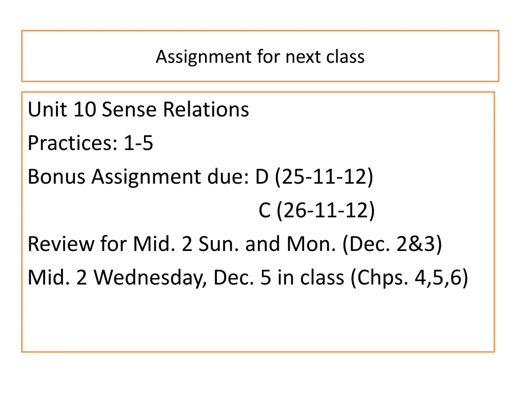 assignment for next class