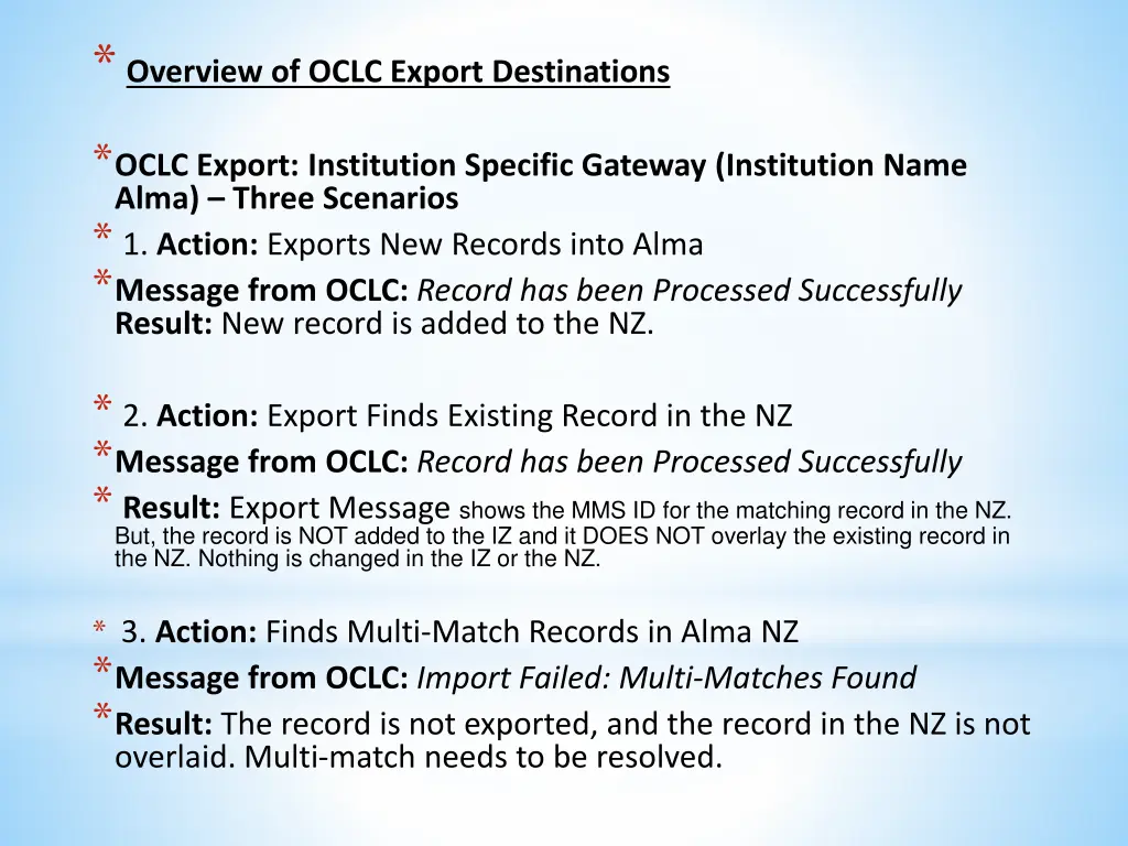 overview of oclc export destinations