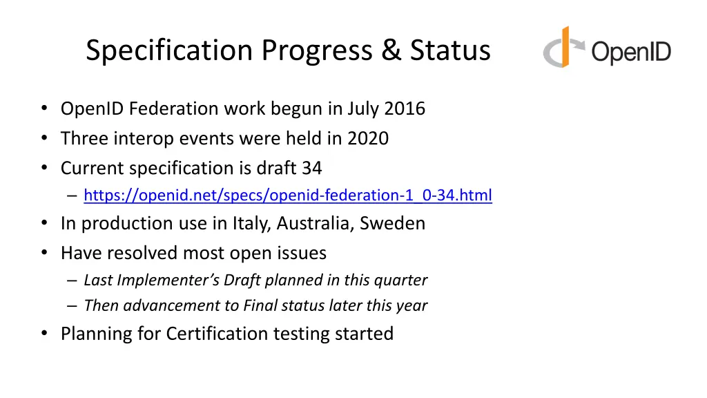 specification progress status