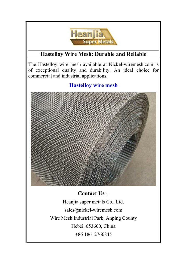 hastelloy wire mesh durable and reliable