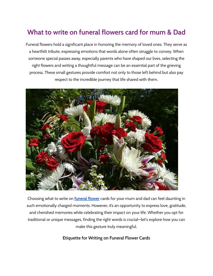 what to write on funeral flowers card for mum dad