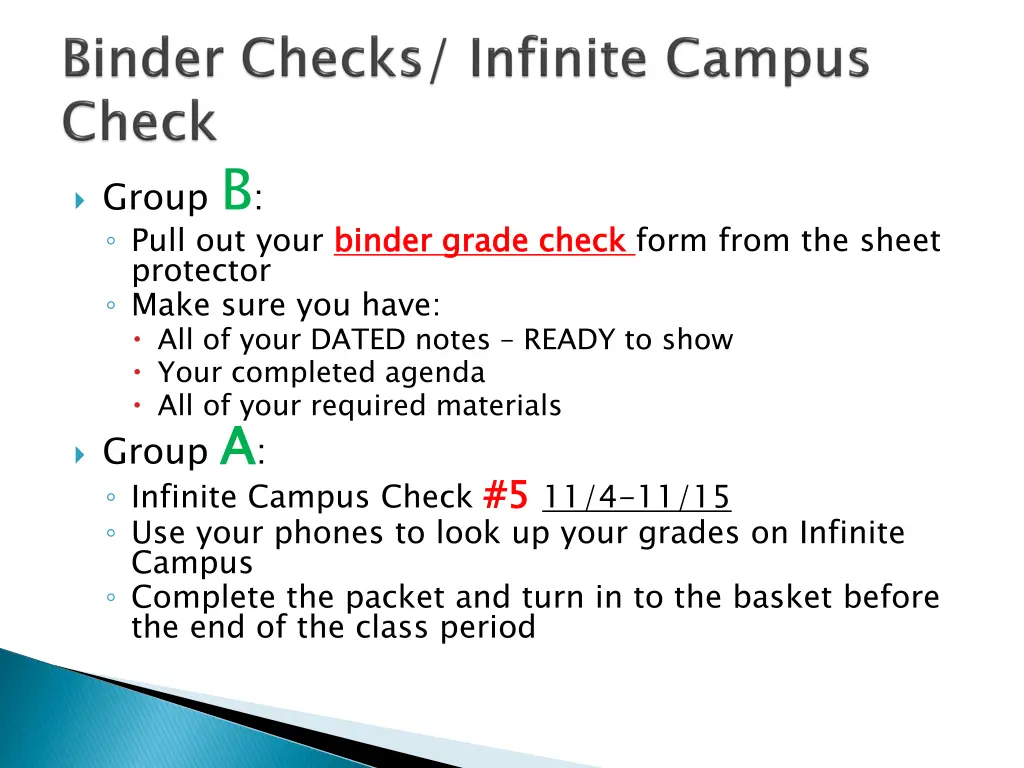 group b pull out your binder grade check