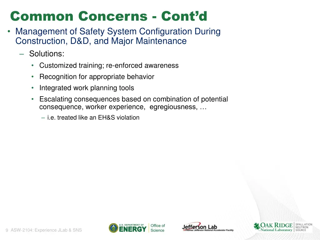 common concerns cont d management of safety 1