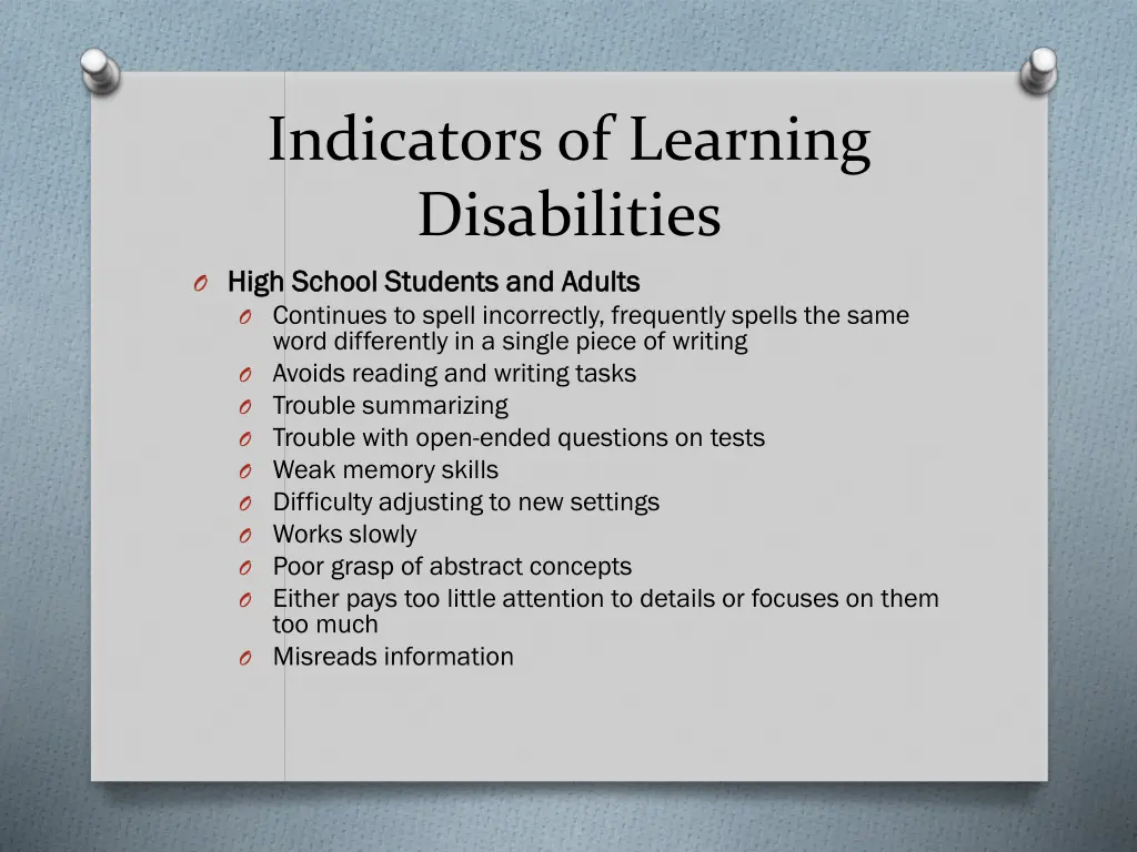 indicators of learning disabilities o high school