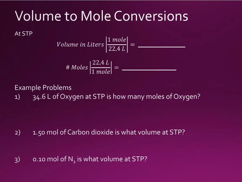 volume to mole conversions