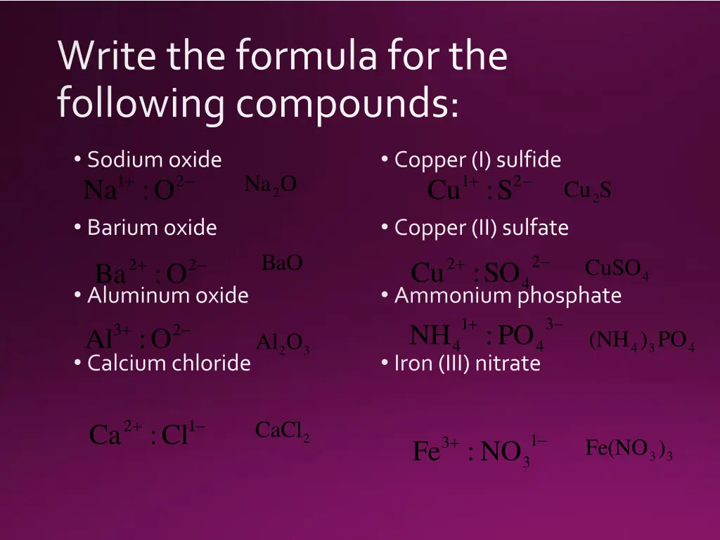 write the formula for the following compounds