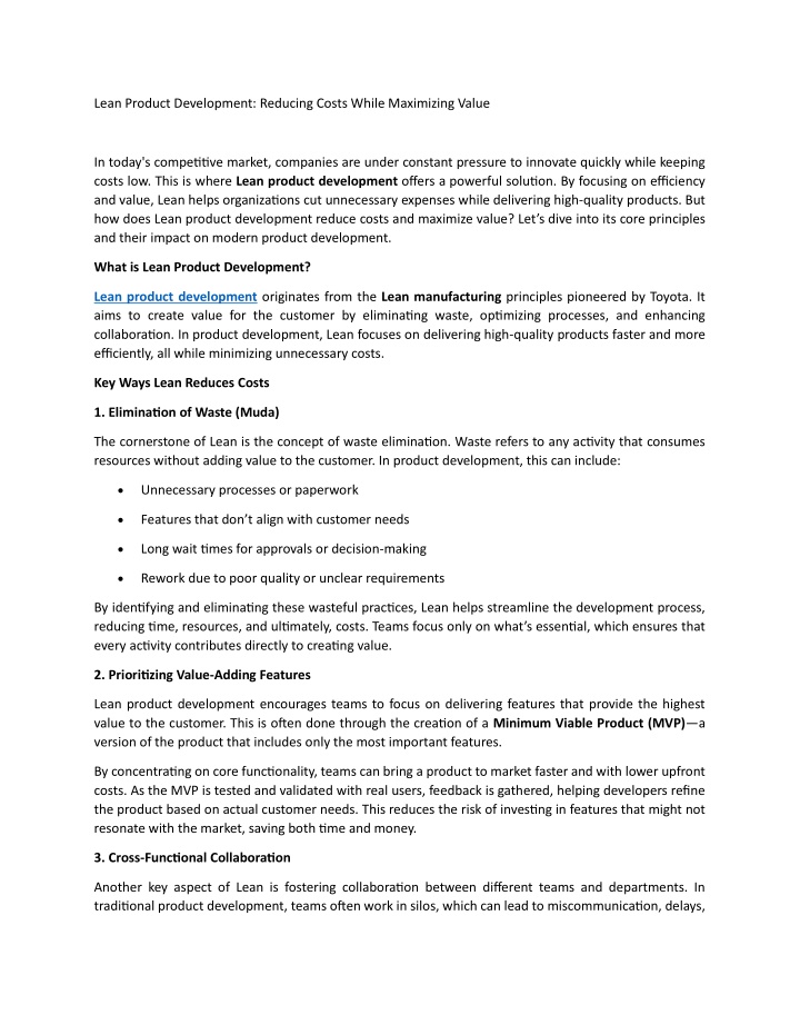 lean product development reducing costs while