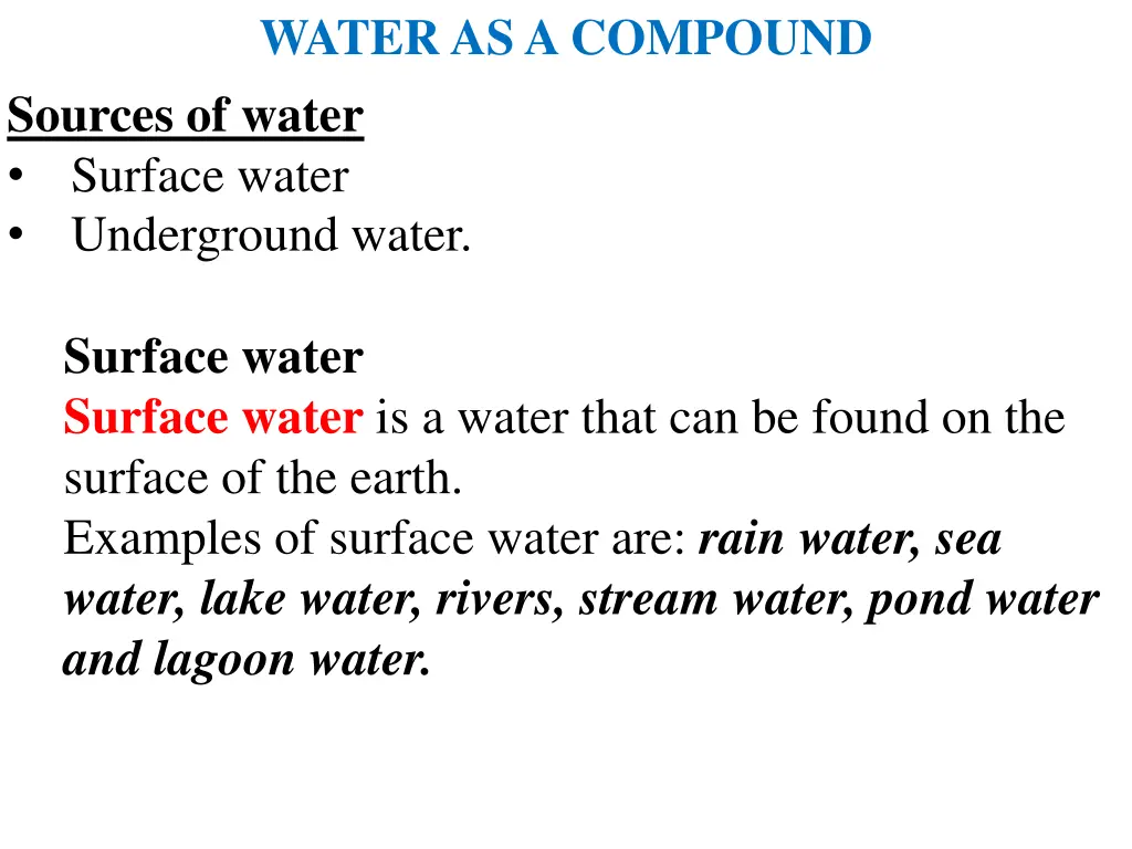 water as a compound sources of water surface