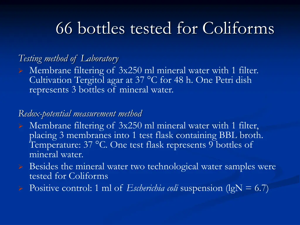 66 bottles tested for coliforms