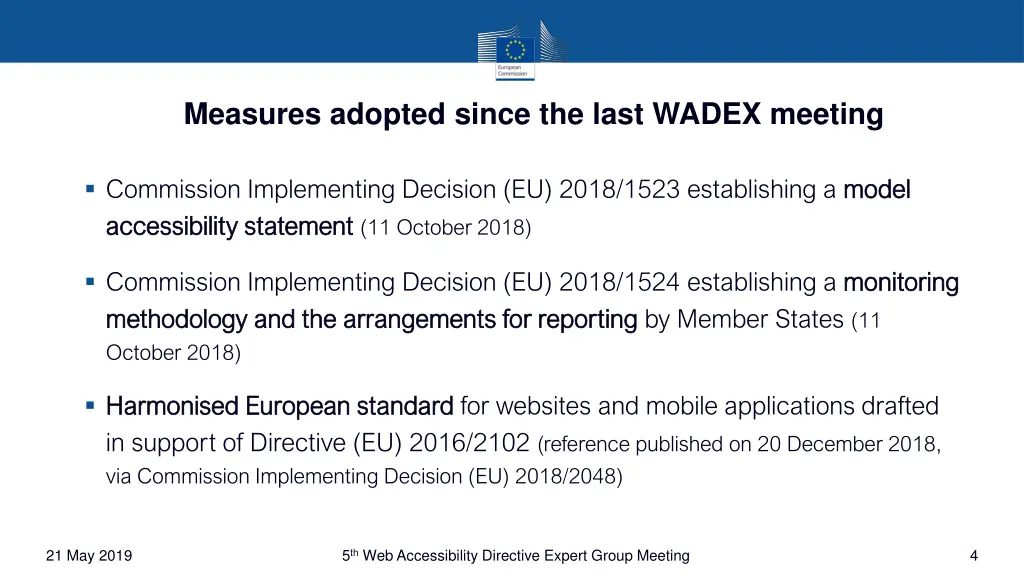 measures adopted since the last wadex meeting