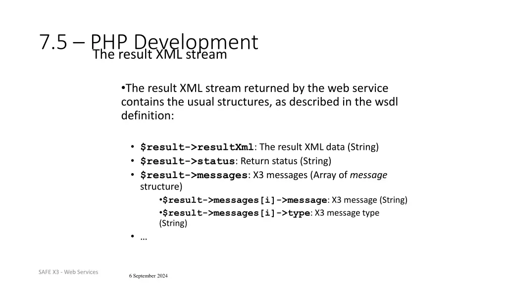 7 5 php development the result xml stream