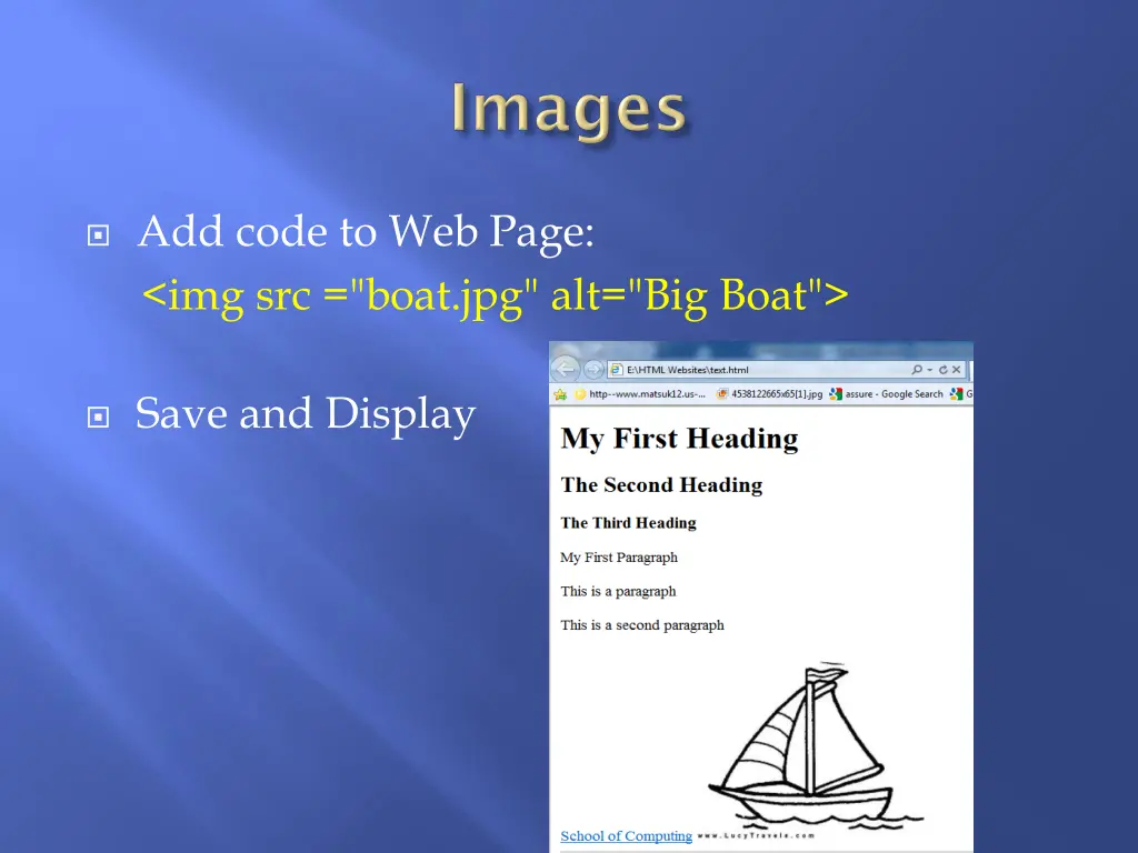 add code to web page img src boat jpg alt big boat