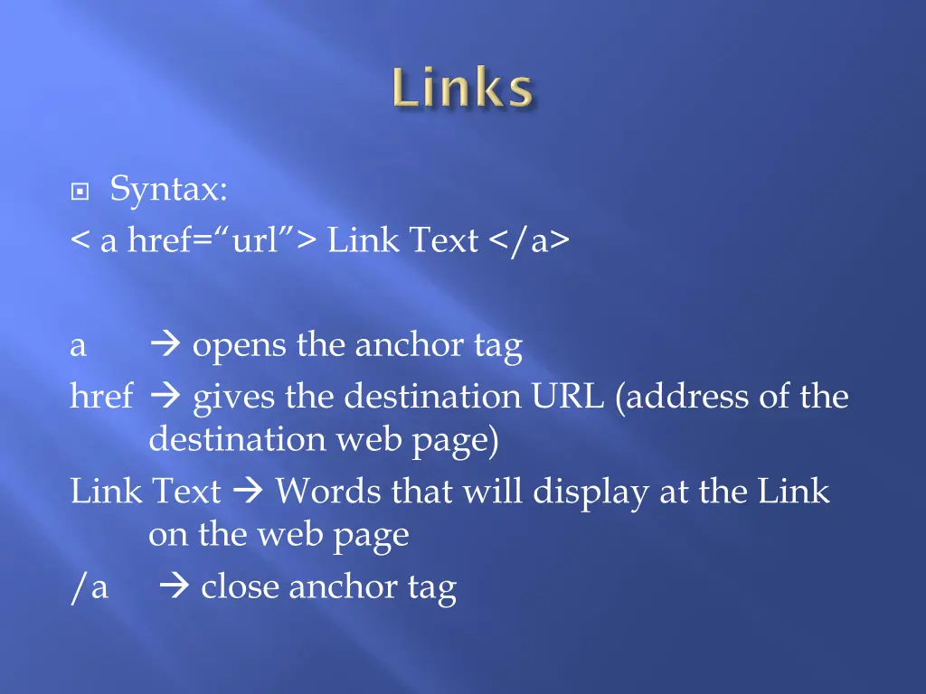 syntax a href url link text a