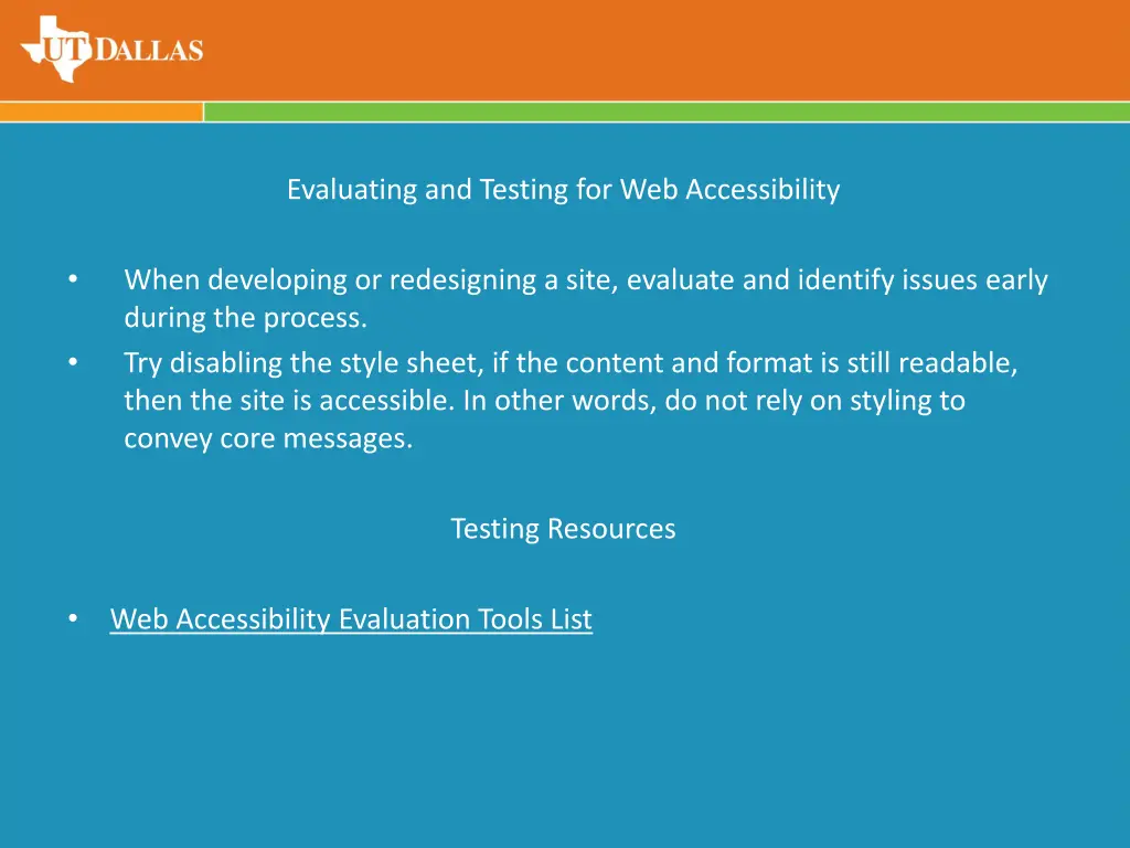 evaluating and testing for web accessibility