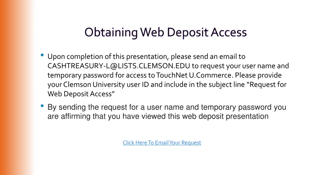 obtaining web deposit access