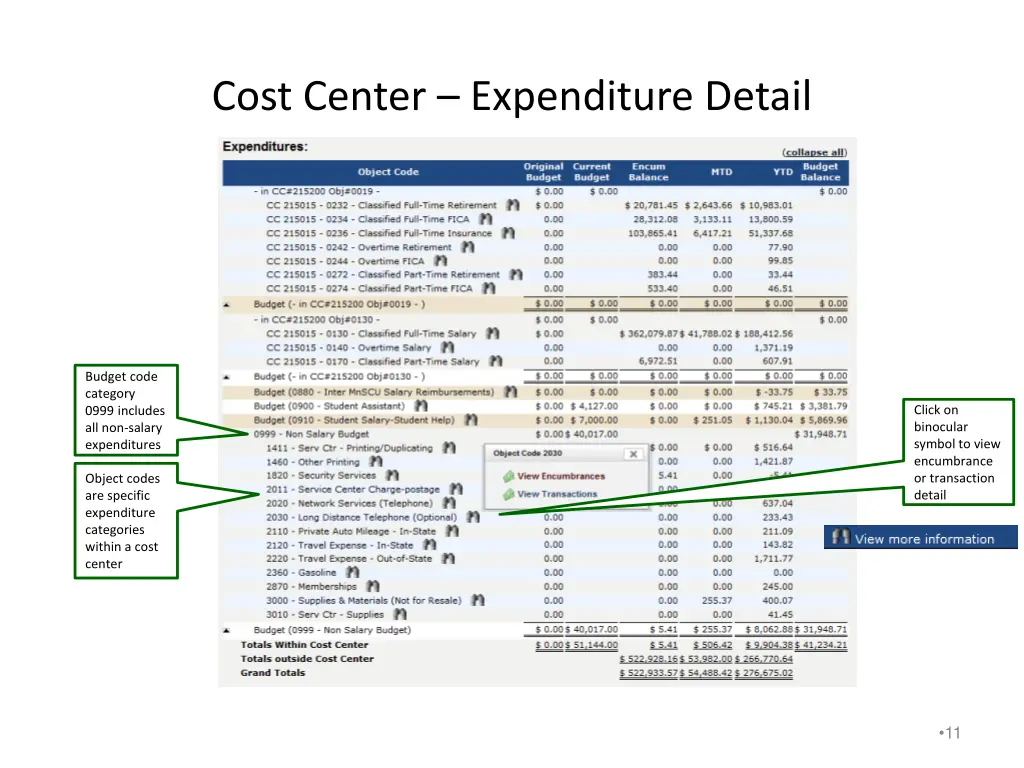 cost center expenditure detail