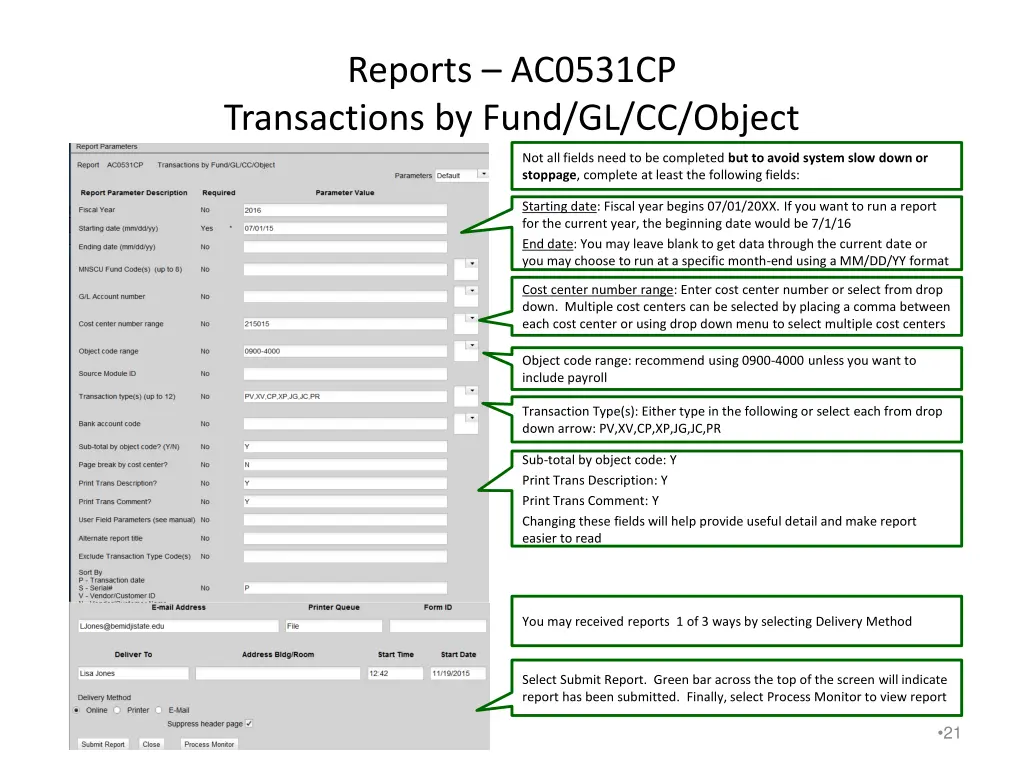 reports ac0531cp transactions by fund gl cc object