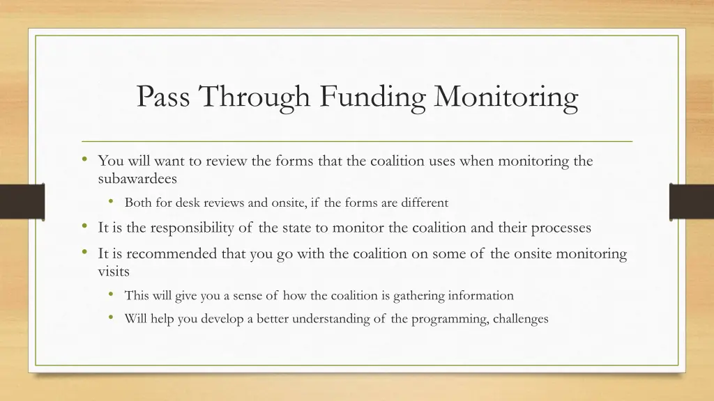 pass through funding monitoring