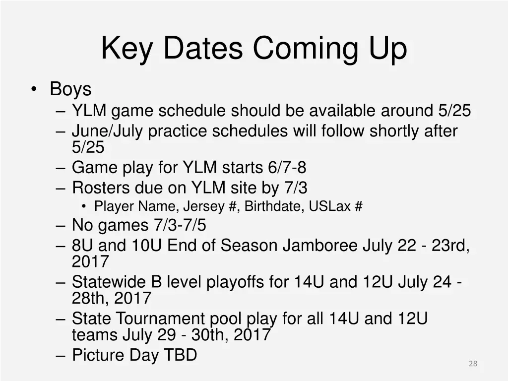 key dates coming up