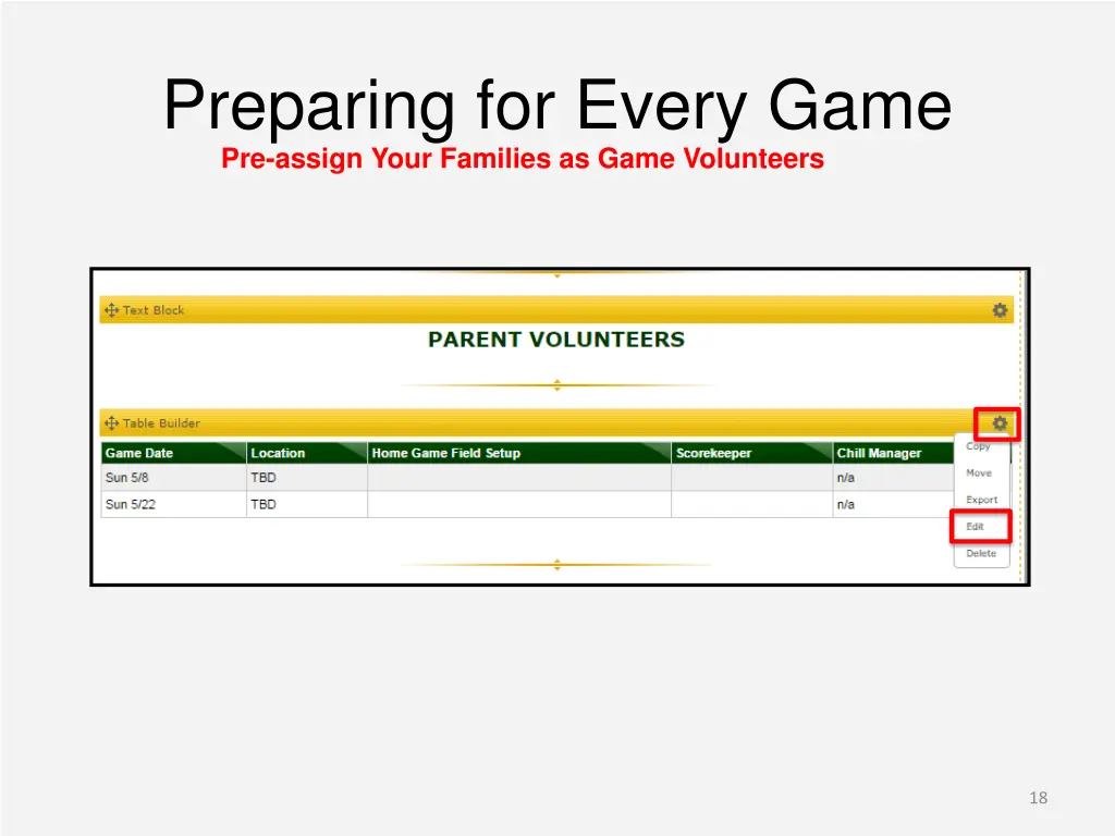 preparing for every game pre assign your families