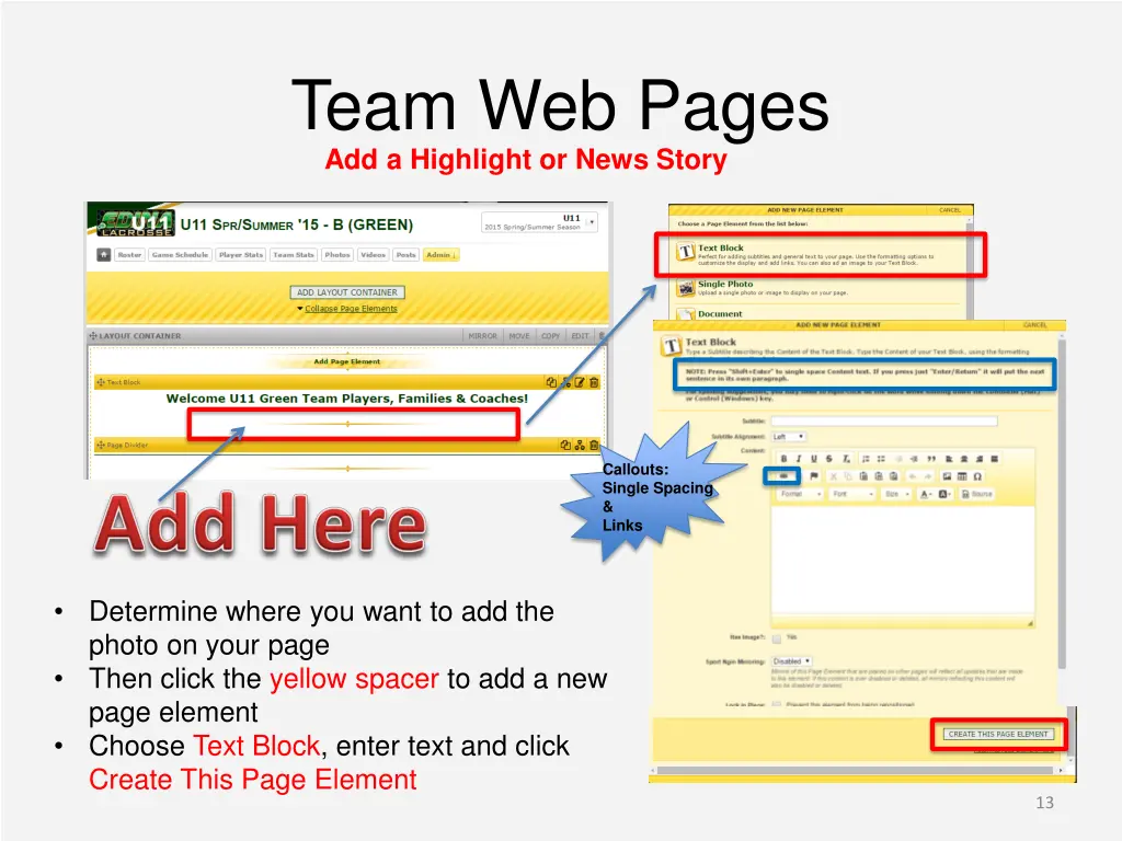 team web pages add a highlight or news story