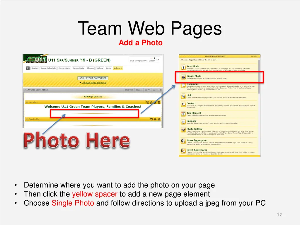 team web pages add a photo