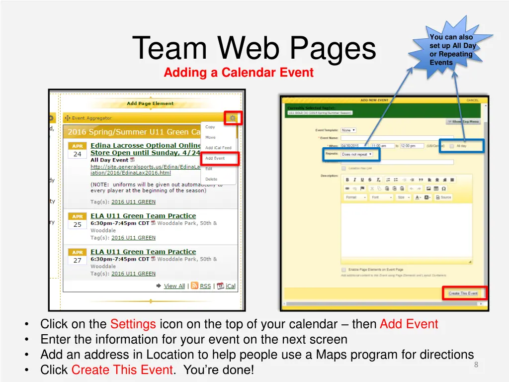 team web pages adding a calendar event