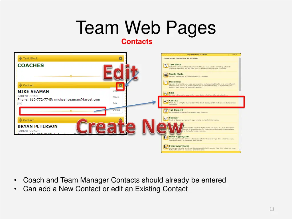 team web pages contacts