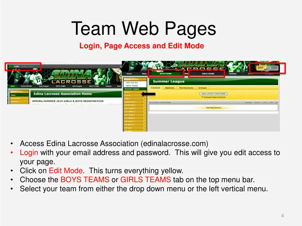 team web pages login page access and edit mode