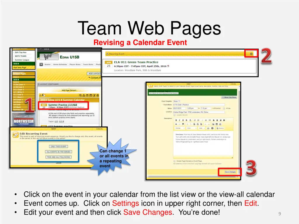 team web pages revising a calendar event