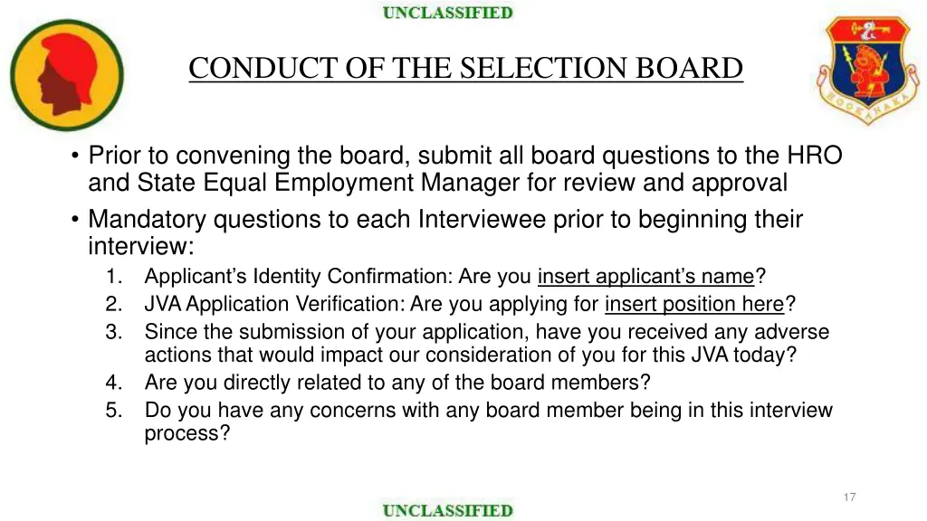 conduct of the selection board