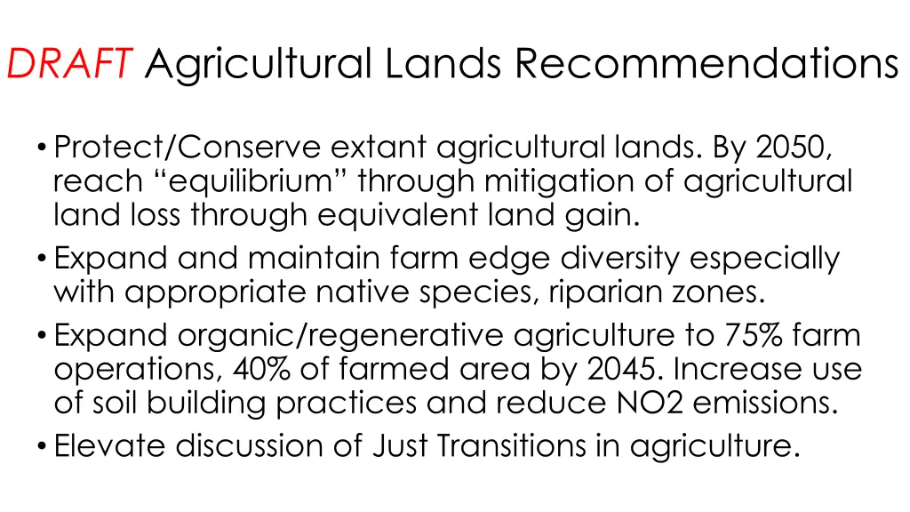 draft agricultural lands recommendations