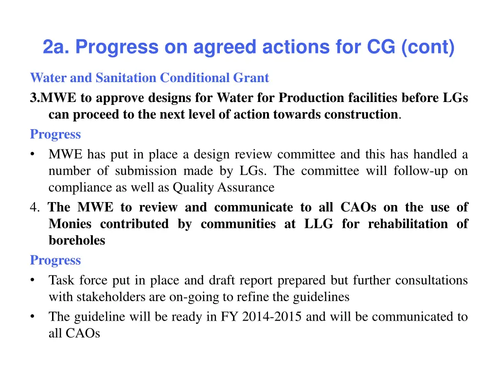 2a progress on agreed actions for cg cont