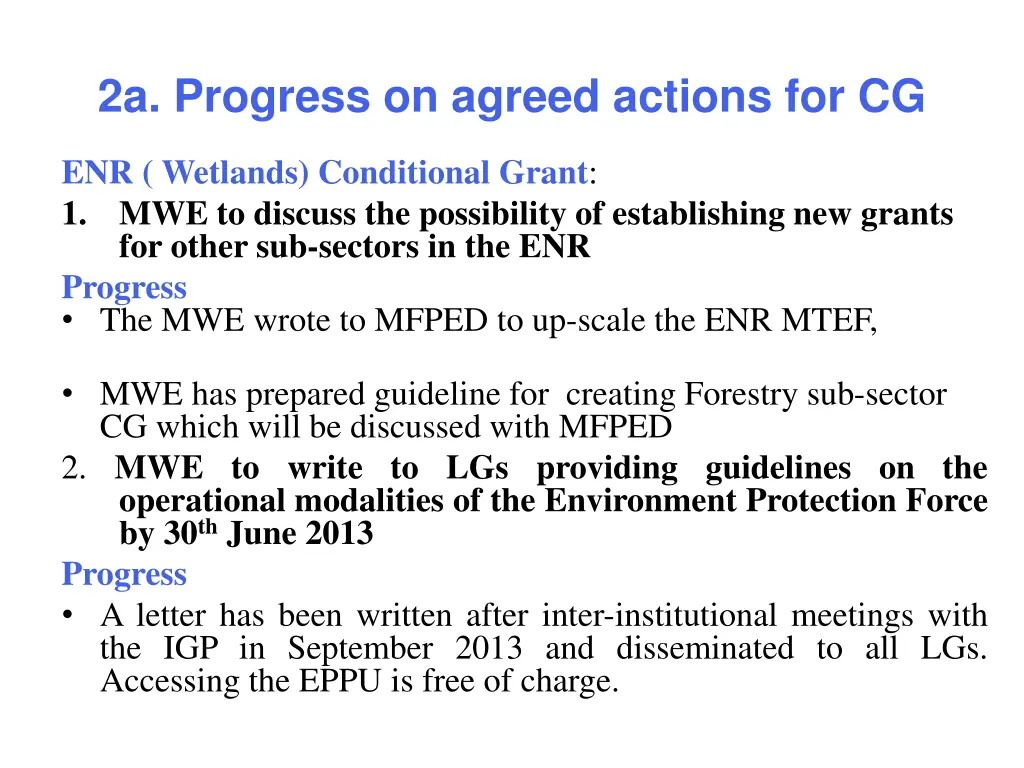 2a progress on agreed actions for cg