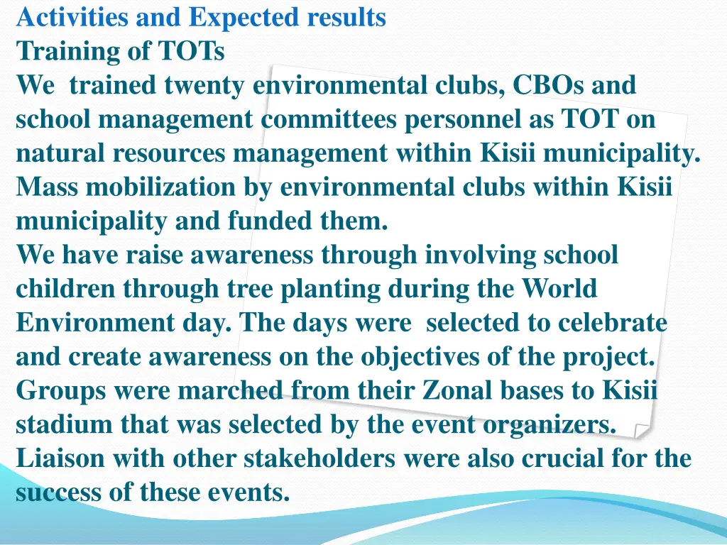 activities and expected results training of tots