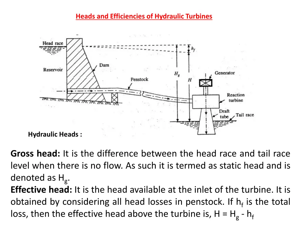 heads and efficiencies of hydraulic turbines