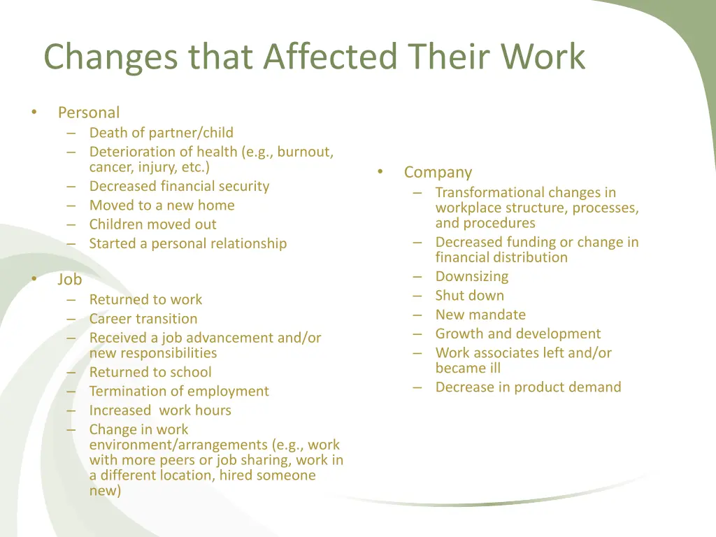 changes that affected their work