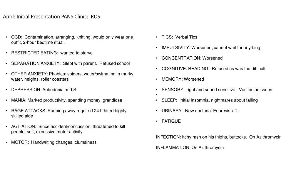 april initial presentation pans clinic ros