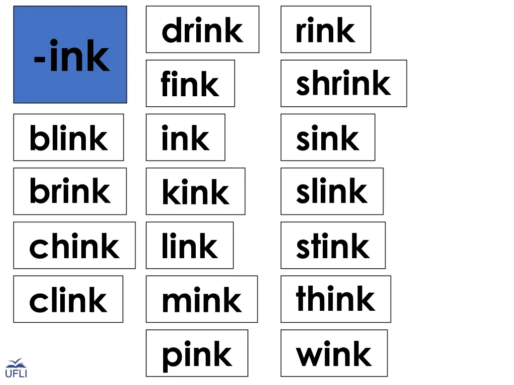 drink fink ink kink link mink pink