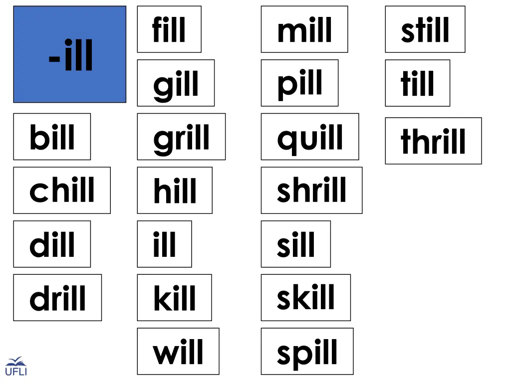 fill gill grill hill ill kill will